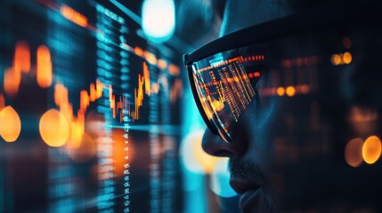 Fototapete - Person analyzing financial data on a large screen at night.