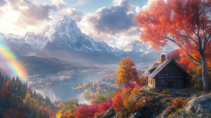 Poster - Picturesque autumn mountain landscape with a cozy cabin, rainbow, and vibrant foliage.