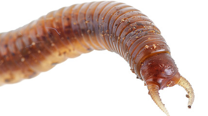 a close-up of a segmented worm-like insect with a translucent body and antennae, isolated on a white