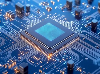 blue circuit board background, a computer technology pattern with a close-up view of a printed elect