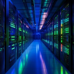 Poster - Data Center Hallway: A View of Rows of Illuminated Servers and Networking Equipment in a Secure Room