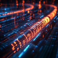 Aufkleber - Fiber Optic Network: Futuristic Data Transmission with Glowing Orange and Blue Cables for High-Speed Connectivity.