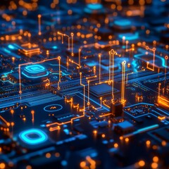 Poster - High-Tech Circuit Board with Glowing Orange and Blue Lines, Futuristic Technology Design, Computer Network Infrastructure
