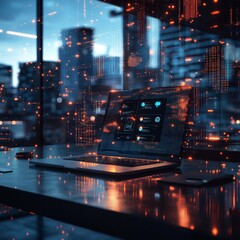 Laptop Displaying Data on Modern Desk with Cityscape and Abstract Data Stream Overlay, Evening Glow