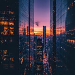 Poster - Sunset Between Skyscrapers: A Cityscape of Glass and Light Reflecting the Evening Sky.