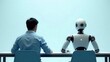 ©  图像 - Man and humanoid robot sitting side by side at a table against a light blue background, symbolizing collaboration, modern technology, and the intersection of human and artificial intelligence
