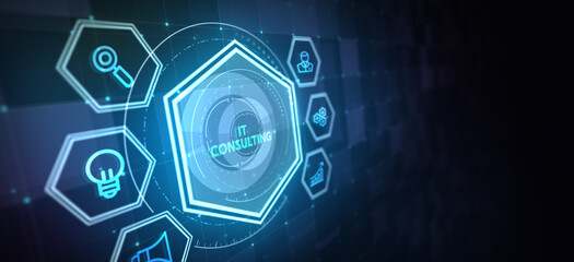 IT consultant presenting tag cloud about information technology. 3d illustration