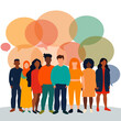 © Pierre - Group of diverse young people with speech bubbles for a neurodiversity concept isolated on a white background. Team or crowd with thought balloons think and chat in a social or community network