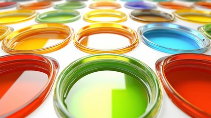 Colorful Liquid in Glass Petri Dishes Arrayed on White Background