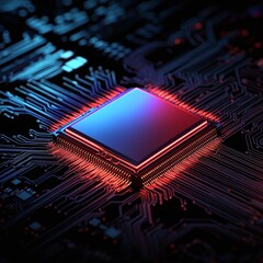 Poster - high tech microchip close up illuminated cpu on circuit board