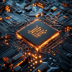 Poster - high tech microchip circuit board with glowing connections abstract technology background