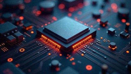 Poster - high tech microchip circuit board closeup illuminated processor electronic components technology