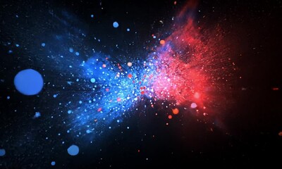 Wall Mural - Advanced Motion Graphic Featuring Blue and Red Dots Creating Dynamic Patterns on Shadowy Black Background Made with Generative AI Technology