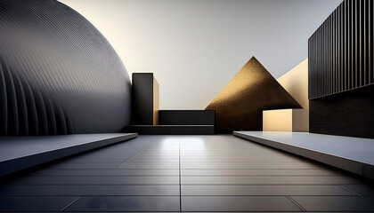 Fototapete - futuristic architectural landscape featuring geometric shapes and sleek surfaces under a gradient sk