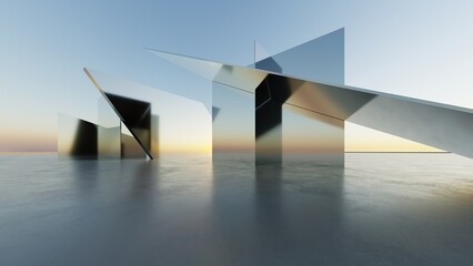 Fototapete - 3d illustration of abstract minimal architecture background, geometric architectural with chrome or metallic arch design