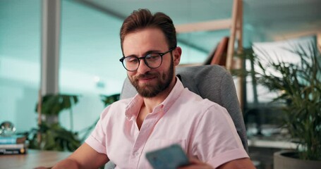 Poster - Business, man and happy with smartphone in office for email notification, checking text message or smile. Corporate finance manager, computer or reading with phone at desk for online research or chat