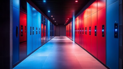 Wall Mural - a long corridor of a data center with rows and columns filled with glowing blue computer server cabi