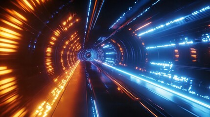 Wall Mural - a long, futuristic subway tunnel with neon lights and train tracks.