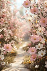Wall Mural - A serene pathway lined with blooming pink and white flowers, creating a tranquil and picturesque scene in nature.