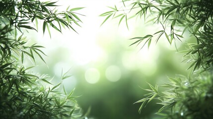 Wall Mural - Tranquil bamboo forest with soft sunlight filtering through leaves, creating a serene and peaceful atmosphere.