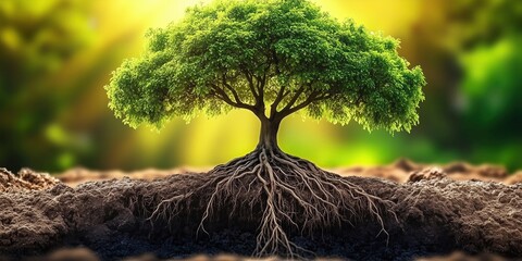 Wall Mural - A vibrant tree with lush green leaves and visible roots, symbolizing strength, growth, and connection to nature.