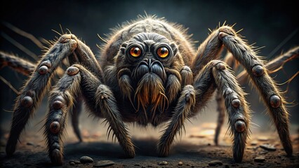 Giant Spider: A close-up, striking image of a large, hairy spider with intricate details, its many eyes staring intensely.