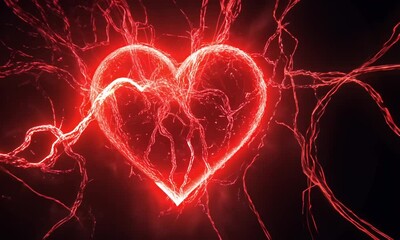 Wall Mural - charming animation of red particles flowing into heart shape and dissolving into black background ma