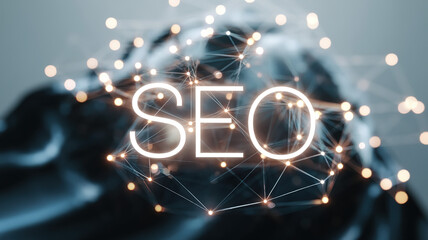 Futuristic SEO Concept with Glowing Nodes and Connections, Representing Digital Connectivity and Optimization