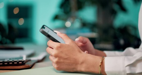 Fototapete - Hands, typing and person with smartphone, office and research for industry trends on web, bokeh and app. Online, media manager and employee with tech for info, browsing or plan for marketing campaign