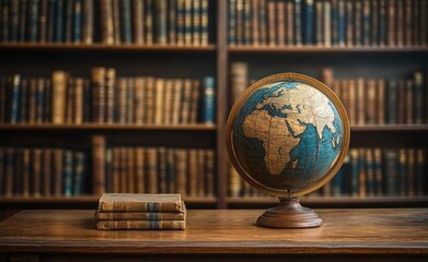 vintage globe on wooden desk in classical library with antique bookshelves and warm natural light