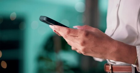 Poster - Hands, online and person with smartphone, office and research for industry trends on web, bokeh and app. Typing, media manager and employee with tech for info, browsing or plan for marketing campaign