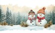 © Monika - Winter Scene with Snowmen in Forest, Cheerful Snowmen, Snow Landscape, Watercolor Illustration, Pine Trees, Holiday Celebration, Winter Nature, Cute Design