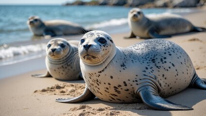 beautiful grey seals lounging in the summer sun at a coastal seaside resort.