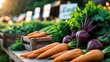 © AbstractAI - Fresh harvested vegetables at outdoor farmer's market. Organic produce from local farm including carrots and beets. A farmer selling recently collected crops.