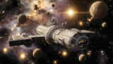 Spaceship in a Starfield with Planets