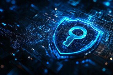 Wall Mural - a glowing key symbol within a protective shield on a circuit board