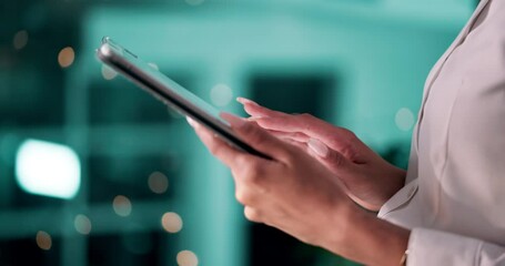 Poster - Screen, browsing and hands with tablet, office and research for industry trends on web, bokeh and app. Online, media manager and person with tech for info, scroll and planning for marketing campaign