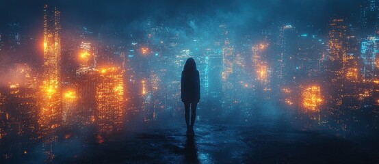 Aufkleber - Futuristic Abstract Landscape with Glowing Blue Dots and Dynamic Waves in Dark Background
