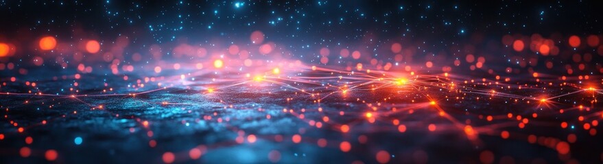 Poster - Futuristic Abstract Digital Art of Interconnected Lines and Nodes in Neon Red and Blue on Dark Background