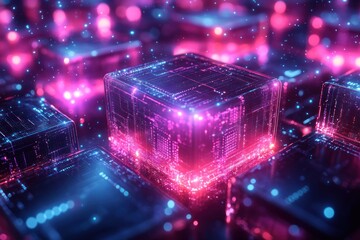 Futuristic Blockchain Concept with Digital Cubes in Glowing 3D Neon Space