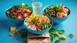 © CreativeBro - Different poke bowls arranged on a blue backdrop, viewed from above.