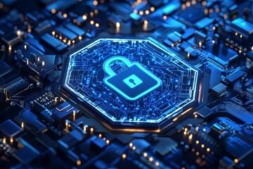 Wall Mural - glowing digital padlock symbol prominently displayed on circuit board details
