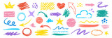 Crayon pencil hand drawn chalk doodles elements. Simple illustrations set. Pastel textured scribbles. Square, spiral, arrow elements and icons.