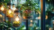 © Natchooda - A collection of hanging glass jars with vibrant plants inside, illuminated by glowing light bulbs and soft bokeh lighting, adding warmth and nature to a modern indoor space