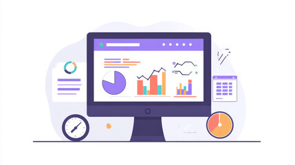 SEO or search engine optimization analytics, concept vector isometric illustration. Computer monitor with blue virtual holographic projections with graphs and charts for data analysis, landing webpage