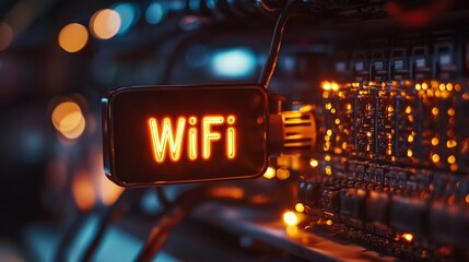 Wall Mural - wireless network technology, glowing wifi sign against backdrop of a server in operation