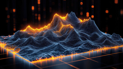 Poster - stunning 3D visualization of holographic terrain, showcasing intricate mountain peaks and valleys illuminated with vibrant orange and blue colors. digital landscape evokes sense of depth