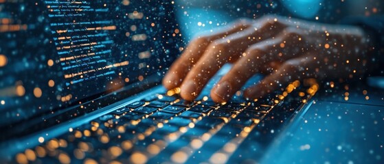Coding in the Digital Realm: A Close-Up of Hands Typing on a Laptop Keyboard with Glowing Code and Particles.