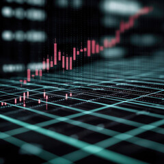 Poster - digital representation of stock market chart showing upward trends with vibrant pink and green lines on dark background, conveying sense of growth and technology