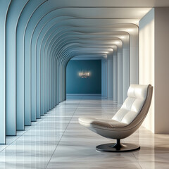Poster - modern minimal room featuring sleek, white chair in spacious corridor with curved architectural lines and soft blue walls. serene atmosphere evokes sense of calm and elegance